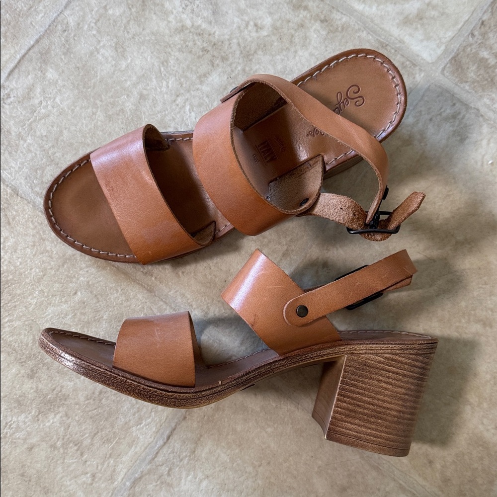Seychelles Women's Tan Leather Block Heel Sandals, Size 8.5